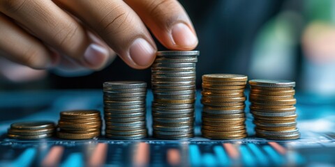 A hand stacking coins in ascending order representing financial growth and investment on a digital background.