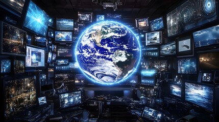 Wall Mural - earth in the middle of a bunch of television screens broadcasting a variety of different programs