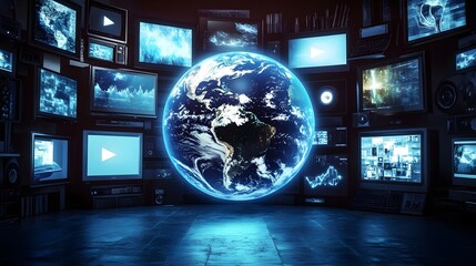 Wall Mural - earth in the middle of a bunch of television screens broadcasting a variety of different programs