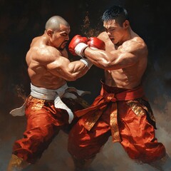 Two muscular fighters in red shorts engage in a dynamic boxing match.