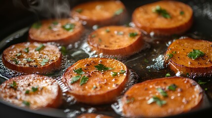 Sizzling sweet potato slices frying in a pan, garnished with fresh herbs, creating a delicious and aromatic dish.