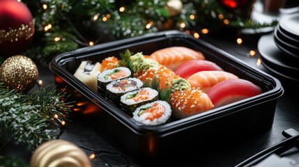 Sushi set in a black container with photo frame and Christmas attributes. AI generated illustration.