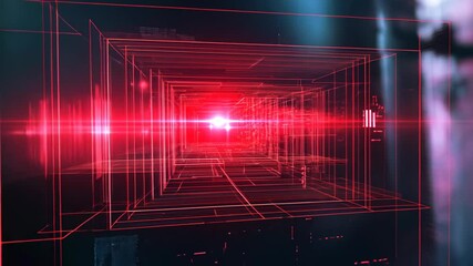 Wall Mural - a red light shines brightly in the center of a digital tunnel created from glowing lines