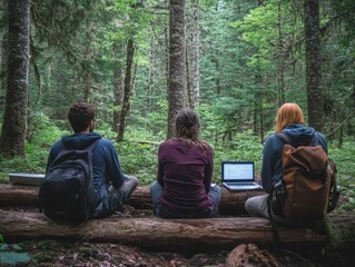 A creative brainstorming session in a forest clearing, with team members sitting on logs and wooden benches, using notebooks and laptops, blending nature with productivity