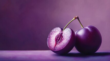 Wall Mural -   A painting of two cherries on a purple surface with a light purple background and a light purple background