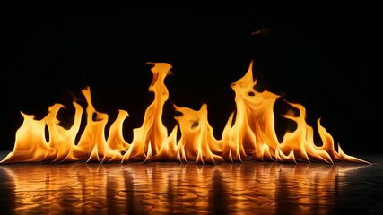 Wall Mural - A line of bright flames dances against a black background, reflecting in a shiny surface