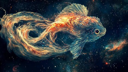 Wall Mural - a cosmic fish swims through a starry galaxy, its body made of swirling nebulae and its fins a burst 