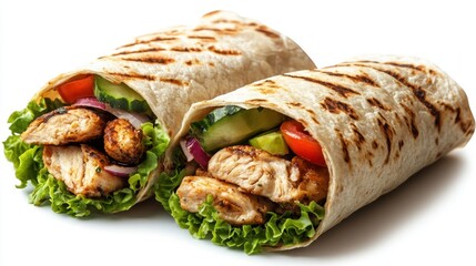 Delicious grilled chicken wraps filled with fresh vegetables and vibrant colors on a bright surface