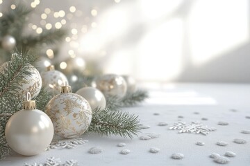Wall Mural - christmas ornaments resting on a white tablecloth with pine sprigs