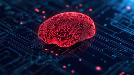 Canvas Print - digital representation of brain with circuit patterns, glowing in red against dark, tech inspired background, symbolizes advanced technology and artificial intelligence