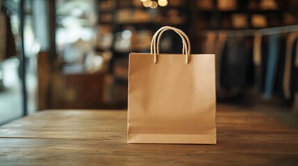 1. A realistic mockup of a brown ecological wooden paper shopping bag placed on a rustic wooden table in a clothing store, with a diffuse background that softly highlights the bag and provides ample