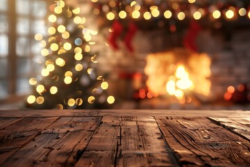 A warm and inviting Christmas scene featuring a beautifully lit tree and a crackling fireplace. Perfect for holiday decorations and cozy atmospheres.