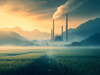 Green factory industry with clean steam billows into the sky against a backdrop of mountains and green rice fields surrounded by morning mist, go green and low carbon footprint concept. Generative AI