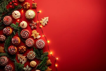 Festive Dessert Arrangement on Red Background