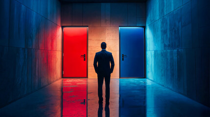 At the end of a corridor stands a businessman who has to decide which of two doors he should take, blue or red, also as a symbol for the democratic and republican parties in the US elections