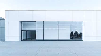 2. An elegant scene showcasing a modern white building with a vast empty area, highlighted by a smooth cement garage design, providing a clean backdrop for product displays or advertising with plenty