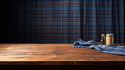 A rustic wooden table showcases various jars and a plaid towel, set against a muted plaid backdrop, This image is ideal for food blogs, recipe websites, or any culinary-themed project,