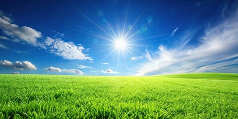 Low angle summer landscape with green grass and sun in clear blue sky