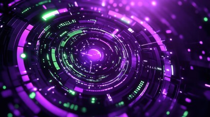 A dynamic HUD design featuring deep purple and bright green elements, with circular patterns and angular lines, conveying a sense of innovation and modernity.