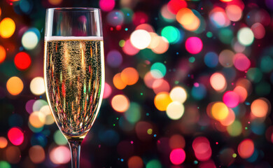 Champagne glass on New Year's Eve with colorful lights and text space