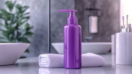 A purple facial cleanser pump bottle with bright branding next to a soft face cloth, placed on a minimalist washbasin, with a blurred industrial-style bathroom decor.