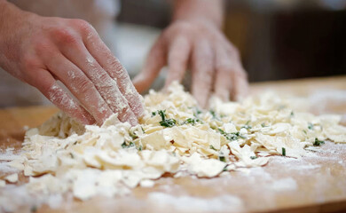 homemade raw noodles for ramen in process by hands 