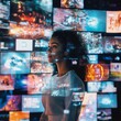 © Tadeusz - A thoughtful young Black woman stands before vibrant screens showcasing digital content.