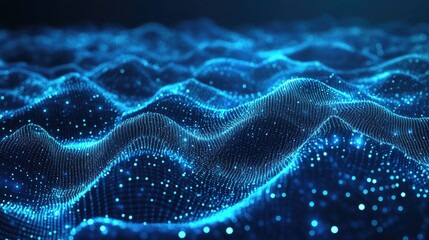 3D vector rendering of a cyber communication web, with transparent digital waves, circuits, and bright data points.