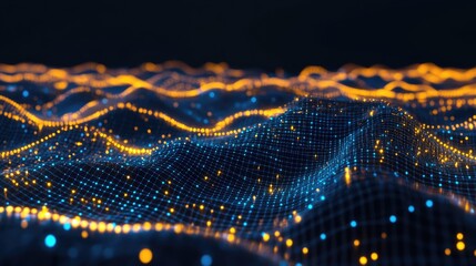 3D vector rendering of a cyber communication web, with transparent digital waves, circuits, and bright data points.