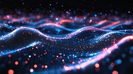 3D vector rendering of a cyber communication web, with transparent digital waves, circuits, and bright data points.