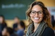 © Nataliia_Trushchenko - Woman wearing glasses and a scarf is smiling at the camera. Smiling teacher with glasses in classroom, students in the blurry background, chalkboard behind her
