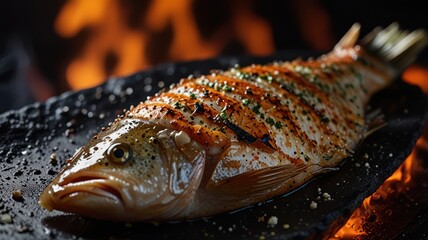 A whole grilled fish with herbs on a black plate, sitting on hot coals.