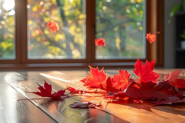 Wall Mural - Autumn Serenity: Red Maple Leaves on Wooden Floor with Sunlit Background