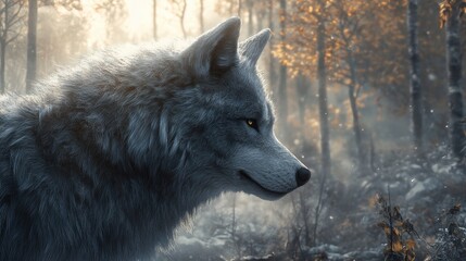 A detailed wolf's dense cold-weather fur, highlighting the various hues of gray and white hair, set against a woodland backdrop.