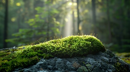 Lush green moss growing on a rock in a sun-drenched forest.