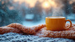 © Creative Sky - Close-up cup of coffee on a table,  winter landscape background