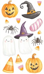 Watercolor cute Halloween elements clip art set, white background, cartoon style