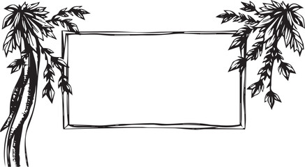 Poster - A simple black and white graphic of a frame adorned with leafy branches on either side. 