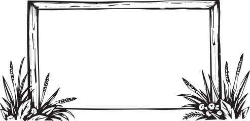 Sticker - A simple black and white sketch of a blank frame with plants on either side. 