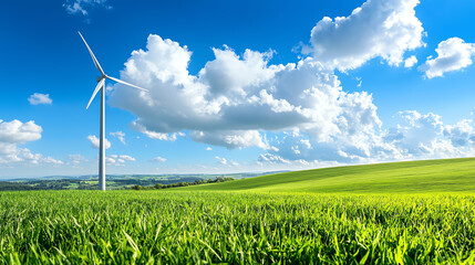 Wind turbine in green field under blue sky