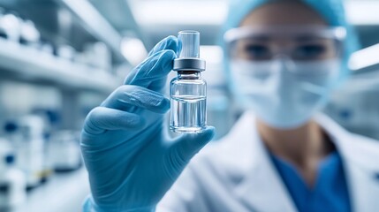 Lab technician holding a vial of bioengineered enzymes in a modern high-tech biotechnology facility advanced enzyme research detailed lab work high-tech environment