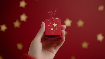 Wall Mural - Hand holding red Christmas tags with stars