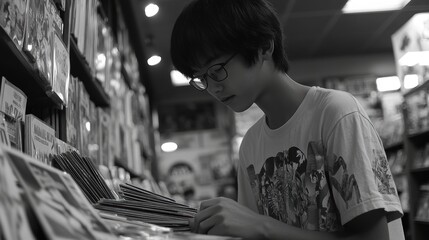 teenage Asian boy around 17 years old, with short black hair and glasses, wearing a graphic t-shirt, eagerly picking out comic books 