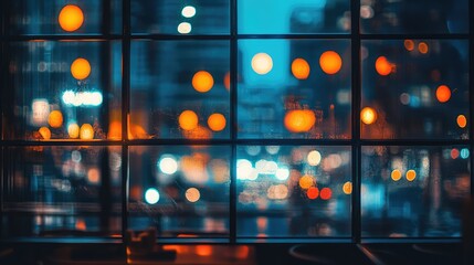 Wall Mural - A nighttime cityscape captured through the glass of a cafe window, with warm indoor lights contrasting against the cool city lights outside