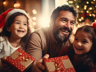 Happy family father and two little daughters holding Christmas presents near the Christmas tree at home on Christmas.