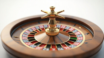 A close-up of a roulette wheel with golden and wooden elements. Clearly visible numbers, colors, and the spinning mechanism on a white background