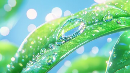 Wall Mural -   A macro photo of a verdant foliage leaf with droplets of water dangling, set against a cerulean sky
