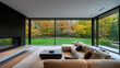 © Jiraphat.N - A side view of a contemporary living room with a fireplace, a large sectional sofa, and floortoceiling windows overlooking a garden