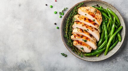 A plate of grilled chicken breast, sliced, with green beans and thyme sprigs, on a light grey background.