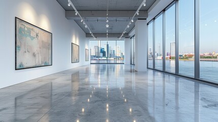 Wall Mural - Interior of a modern gallery featuring white partition walls under spotlights, large city view windows, on a clean, light floor. 3D Rendering